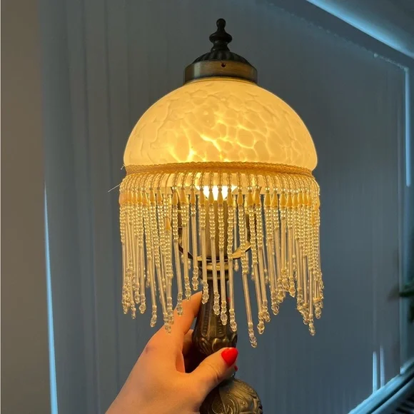 ❌SOLD❌ Vintage Fringe Beaded table lamp with frosted glass and bronze base - Picture 6 of 8